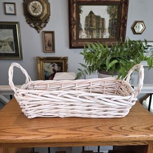 Vintage White Wicker Long Rectangle Basket with Handles - Farmhouse Decor 15"